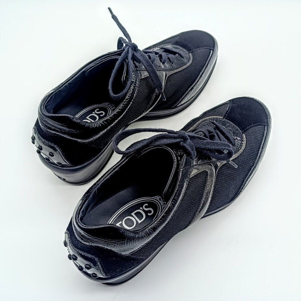 Tod's Black Italian Suede Leather Mesh Wedge Sneakers - Picture 3 of 8